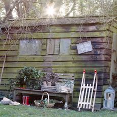 Wooden shed with potting shed sign in winter garden