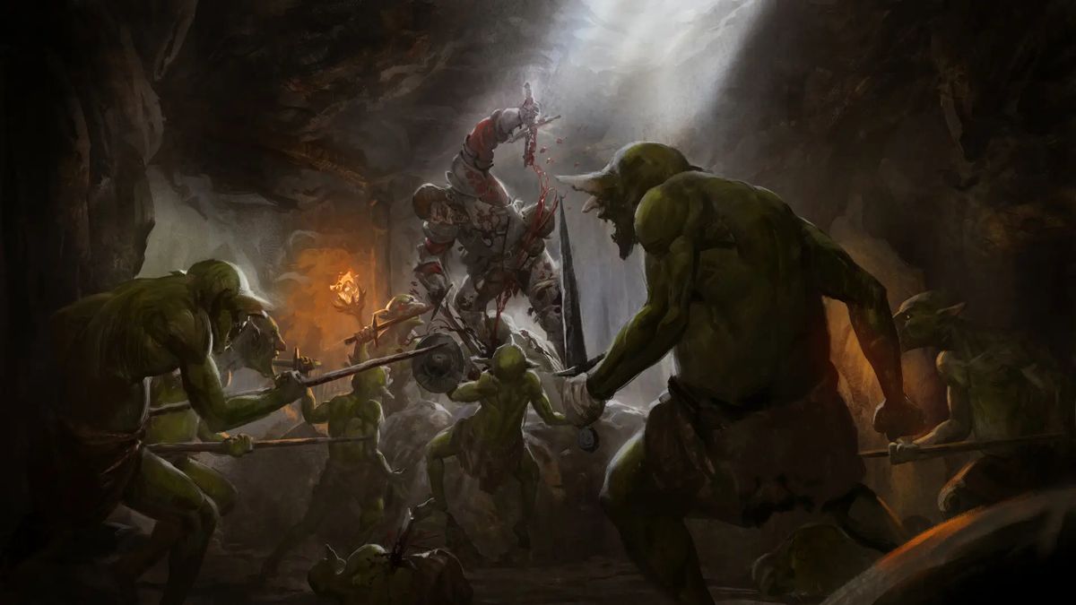 Dark and Darker artwork showing a character taking on multiple orcs in combat