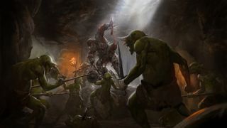Dark and Darker artwork showing a character taking on multiple orcs in combat