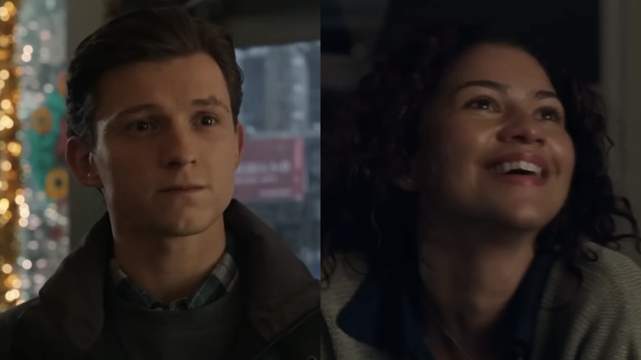 Peter Parker (Tom Holland) smiles in Spider-Man: No Way Home, while Emma Harwood (Zendaya) smiles in The Drama.