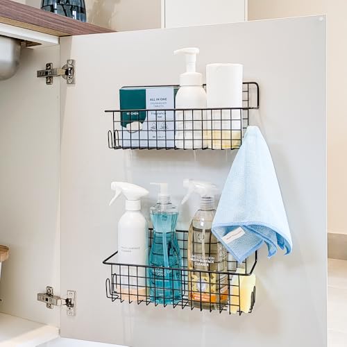 Kempt 2-Piece Kitchen Cabinet Storage and Shower Caddy Set &amp;ndash; Black Stainless Steel, Adhesive No-Drill Rust-Proof Wall Organisers for Toiletries, Small Items, Bathroom, Cupboard, Fridge