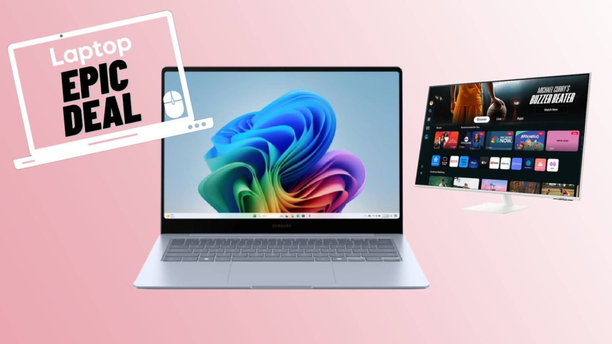 Galaxy Book Edge 4 in blue colorway and white monitor against pink gradient background