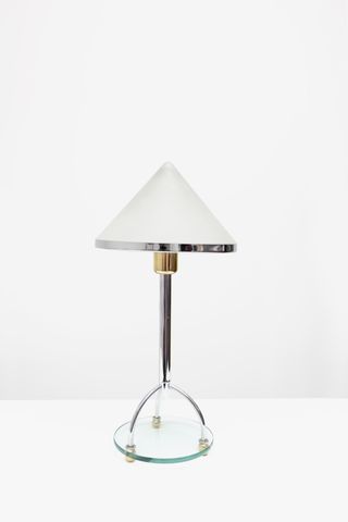 Vintage IKEA table lamp featuring a cone shaped shade on a chrome and plexiglas base