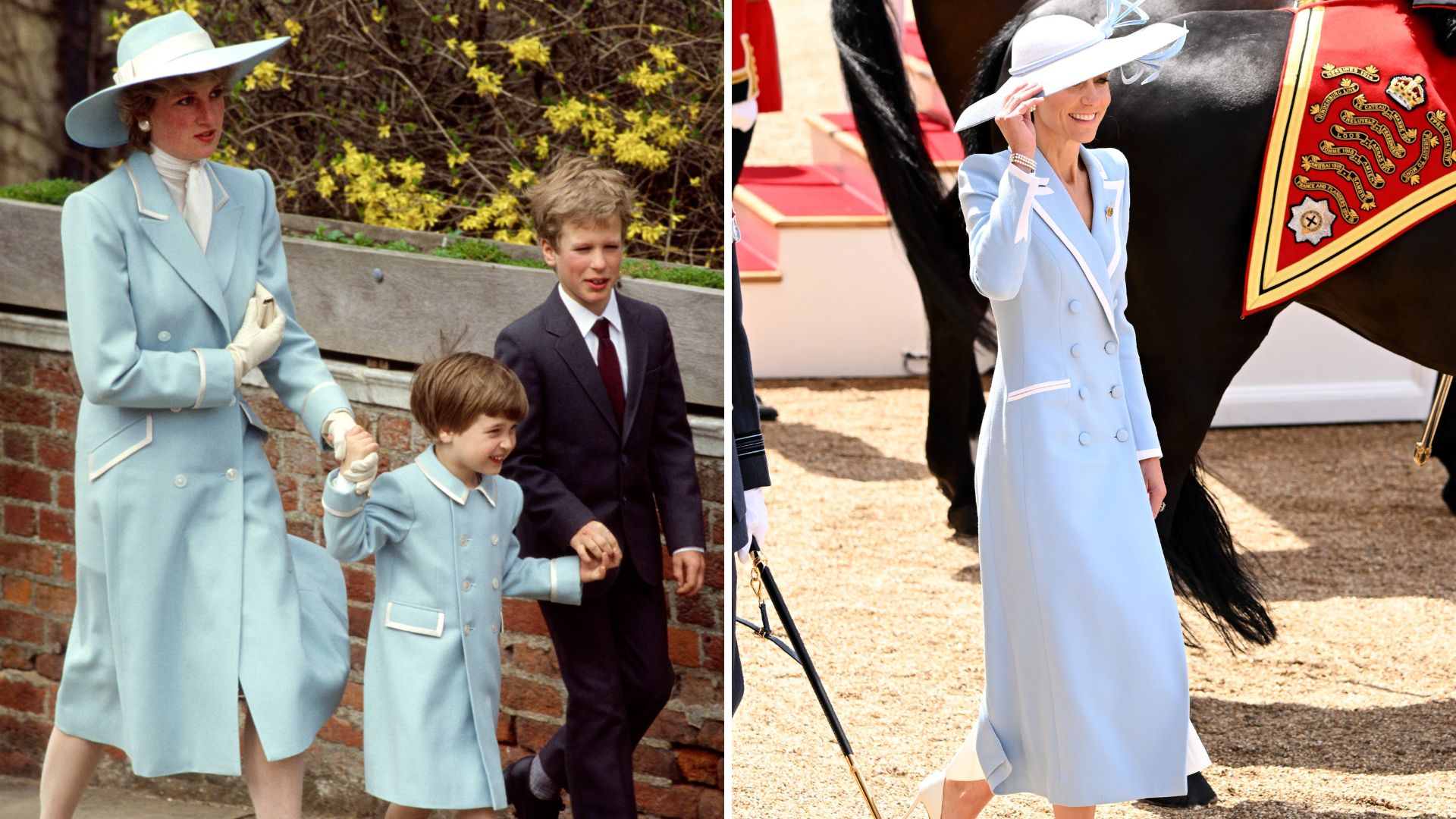 A composite of a picture from 1987 of Princess Diana and William in blue coats and a picture of Kate Middleton in 2026 wearing a similar coat dress