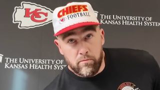 Travis Kelce appearing for an interview with the media. 