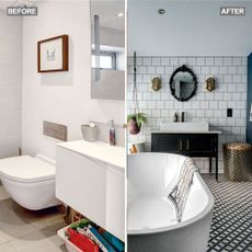 Before and after split image documenting the transformation of a bathroom following renovation