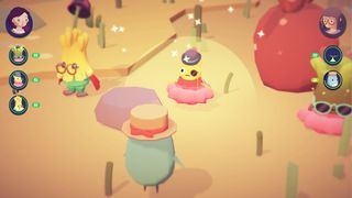 A creature battle in Ooblets showing several rotund imaginary creatures in a line
