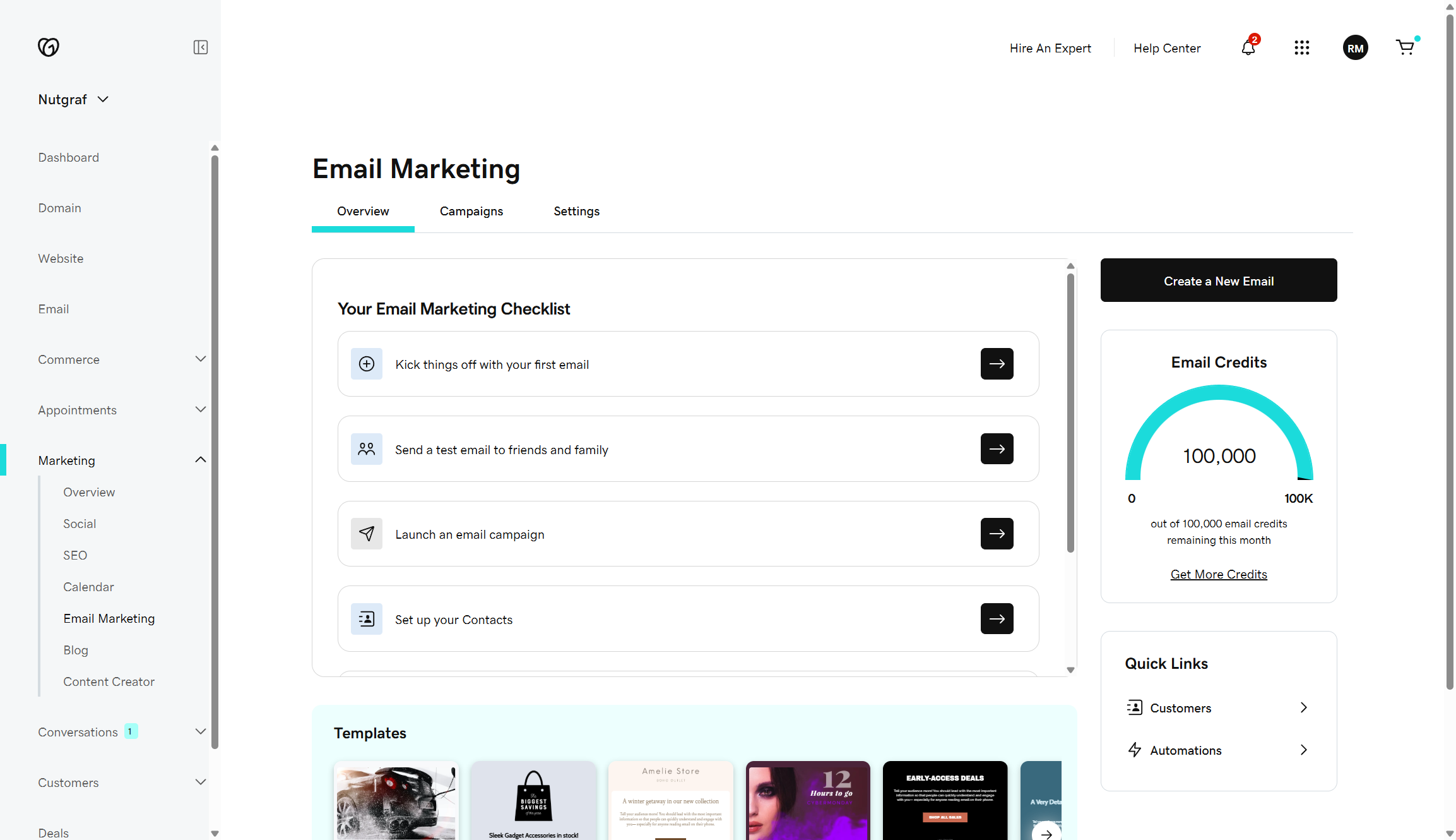 Screenshot of GoDaddy&#039;s email marketing dashboard, it provides a checklist to help get you started.