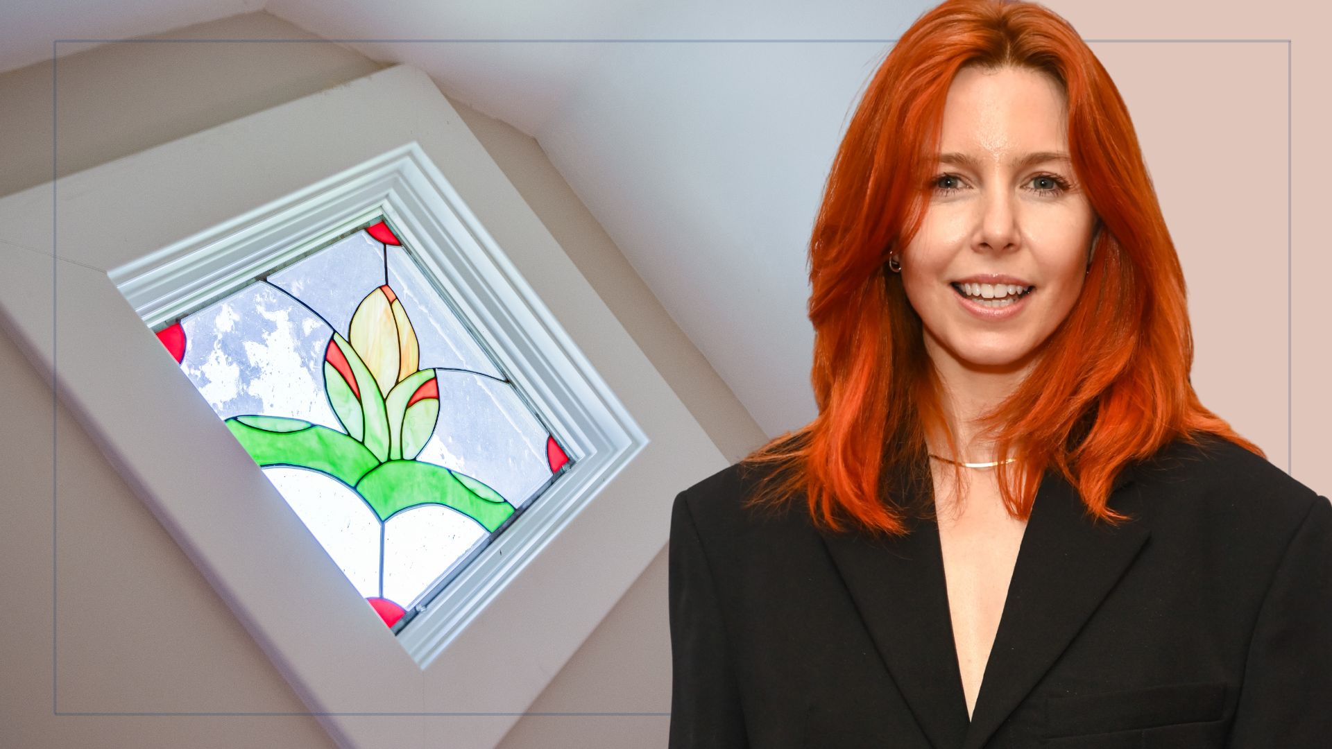  stained glass window in home with a cut out of Stacey Dooley over top 