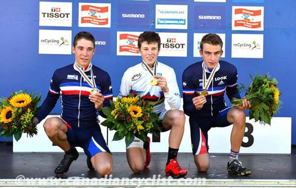 Junior men's cross country world championship podium: Victor Koretzky (France), Anton Cooper (New Zealand), Titouan Carod (France)