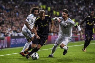 Harry Kane in action for Tottenham against Real Madrid pair Marcelo and Sergio Ramos in October 2017.