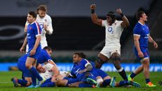 Maro Itoje of England celebrates a turnover by Ben Earl of England during the Guinness Six Nations match between England and France