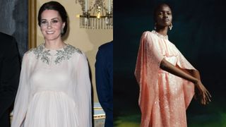 Kate Middleton wearing a cape-style dress in Norway side-by-side with a similar Erdem design