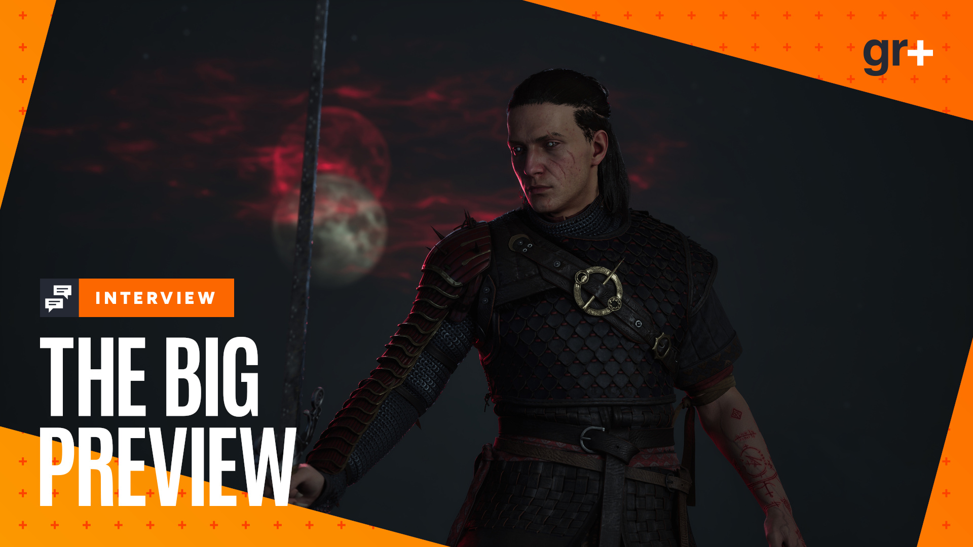 Coen stands in front of a moody night sky with a strange eclipse, holding up his sword in The Blood of Dawnwalker, with the GamesRadar+ Big Preview orange frame