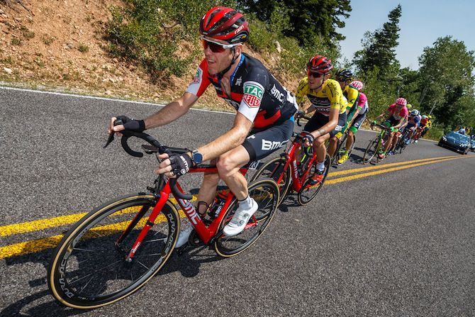 Brent Bookwalter (BMC) leads a chase group on the way to the KOM on August 8, 2018 in Cedar City, Utah.
