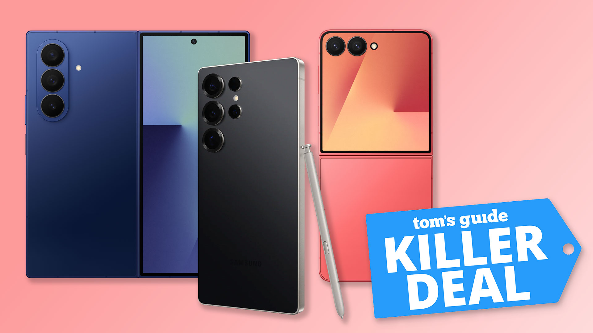 Samsung Galaxy Z Fold 7, S25 Ultra and Z Flip 7 products against a gradient background with 'Killer Deal' badge overlaid