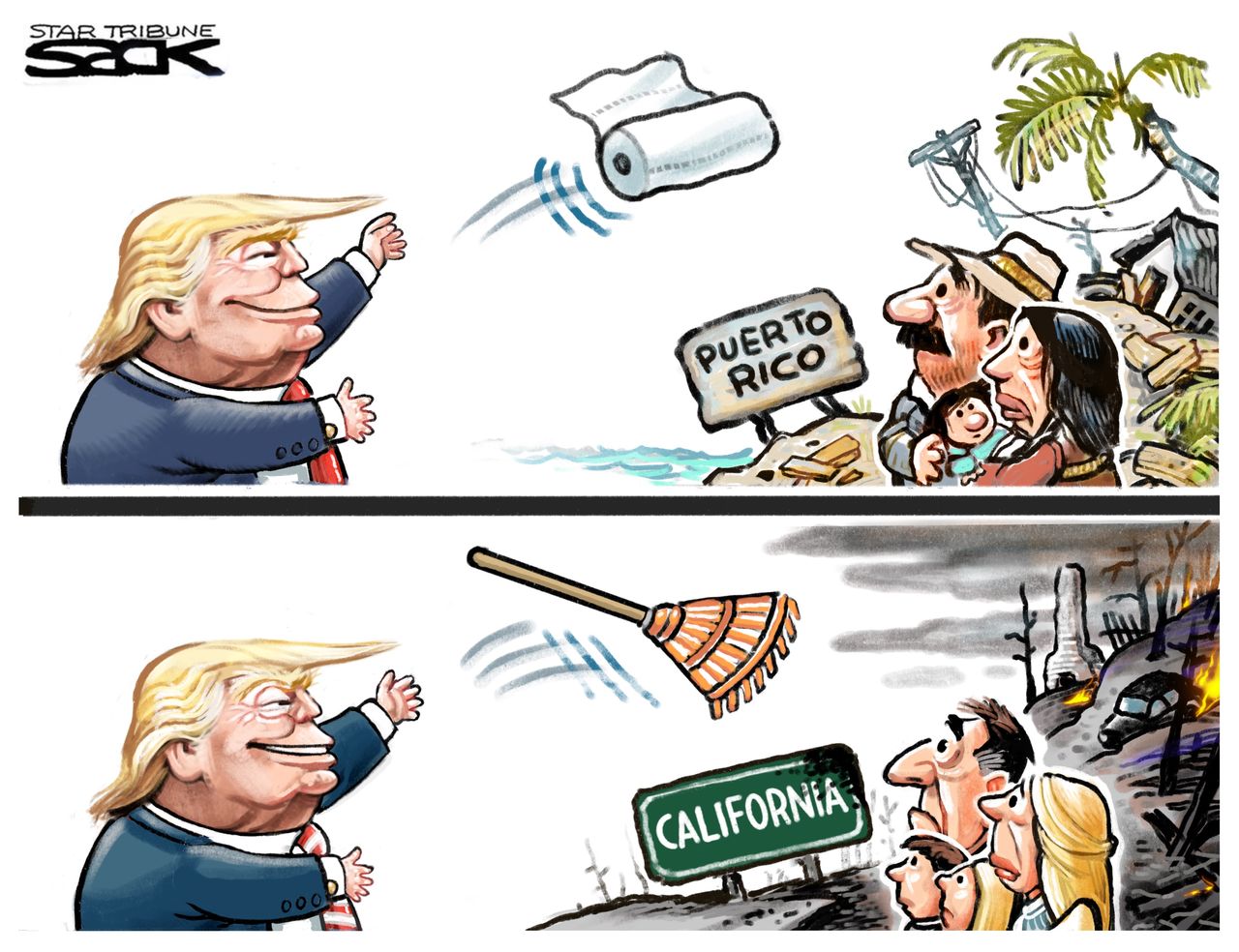 Political cartoon U.S. Trump Puerto Rico Hurricane Maria paper towels California Camp Fire rake