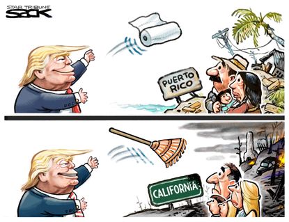 Political cartoon U.S. Trump Puerto Rico Hurricane Maria paper towels California Camp Fire rake