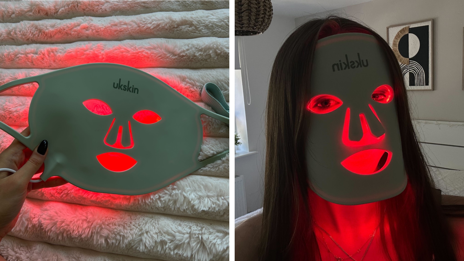 Collage showing the external side of the UKLASH LED mask with red light on and image of Sennen wearing the UKLASH LED mask