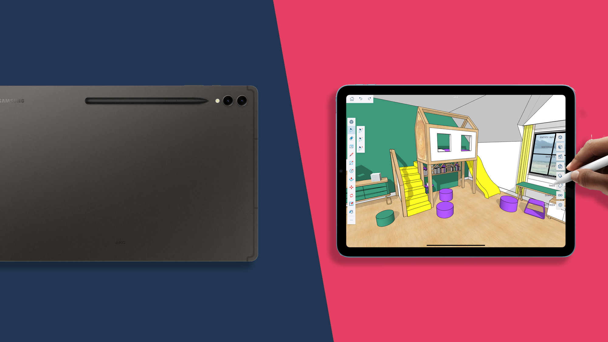 The Galaxy Tab on the left and iPad Air on the right, we see the back of the Samsung tablet and someone is drawing on the iPad using the Apple Pencil