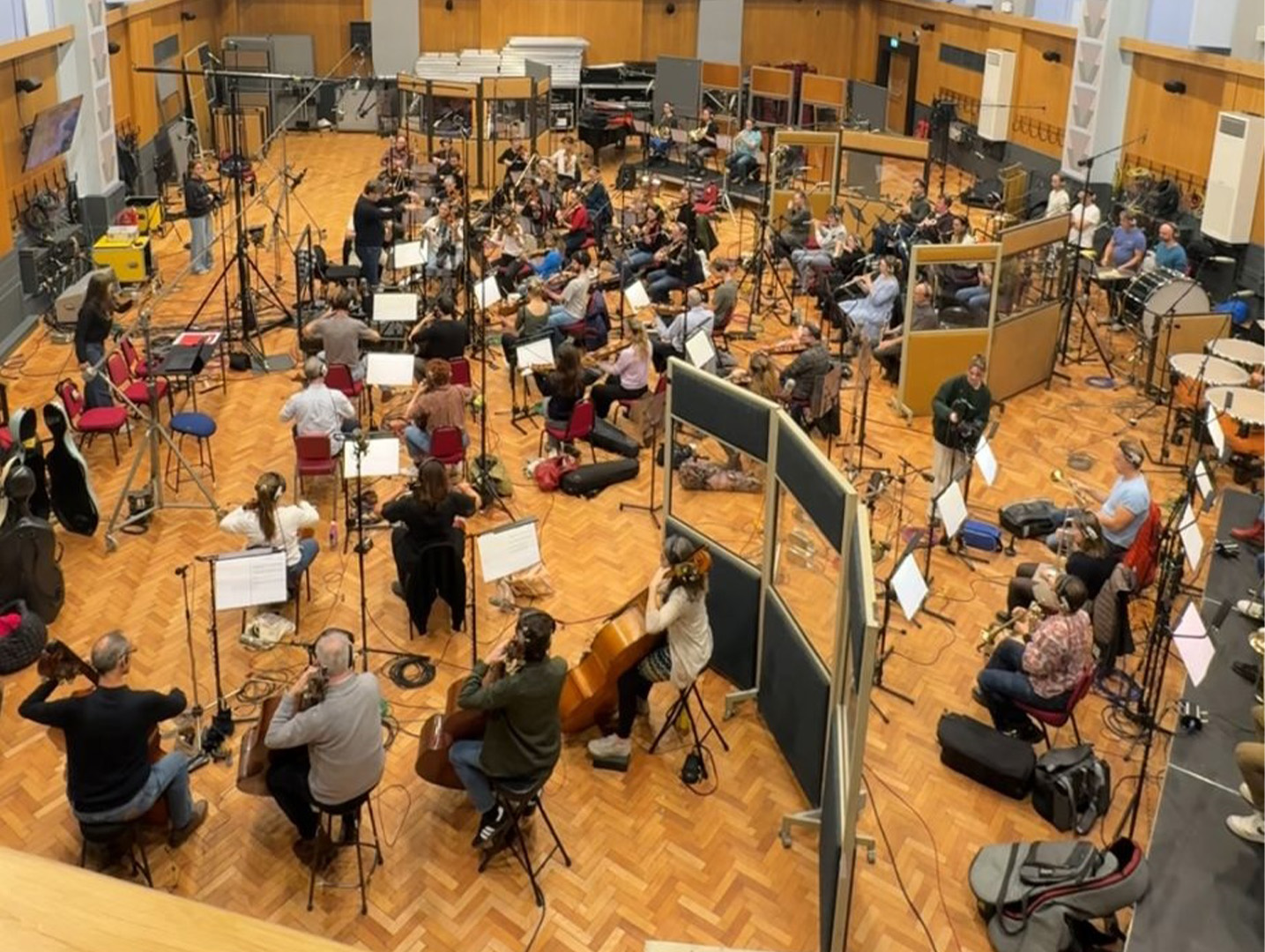 Top down shot of an orchestra recording Aldi Christmas 2025 at Abbey Road
