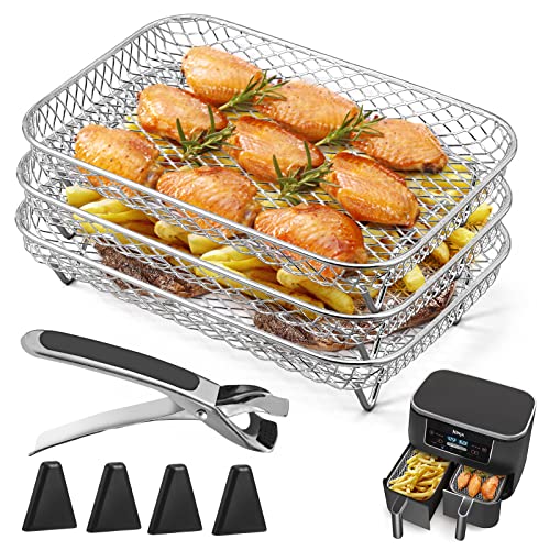 Kannino Air Fryer Rack for Ninja Dual Air Fryer 3pcs Layered Dehydrator Racks Stainless Steel Grilling Rack Rectangle Air Fryer Basket Tray With Clip and Heighten Feet Pad for Double Basket Air Fryers