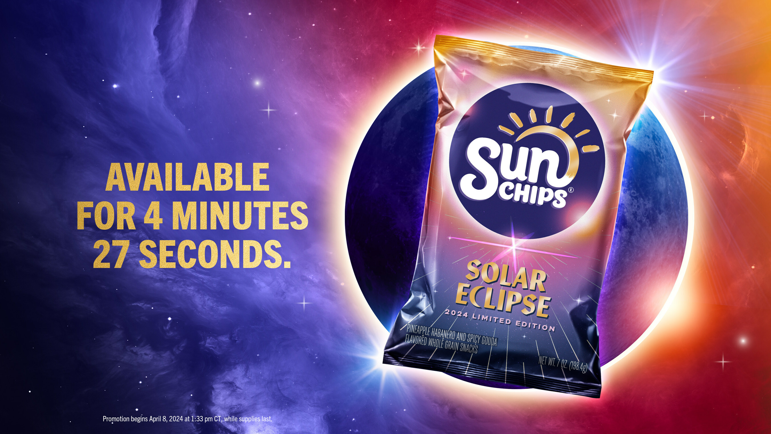 spacey gases of purple pink red and orange collide in the background. A similarly colored bag of SunChips stands in front on the right. behind it is a darkened moon eclipsing the sun.