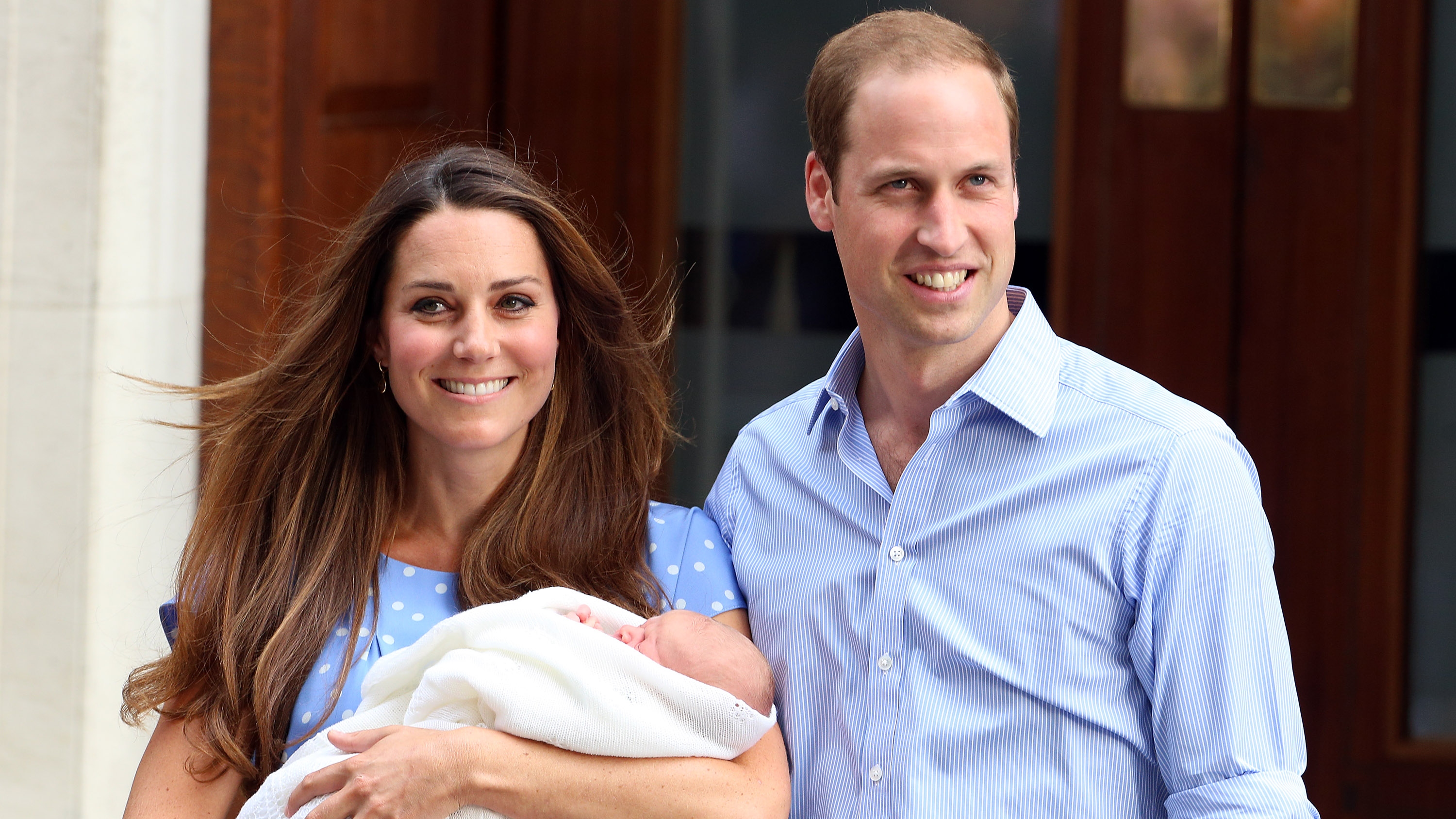 Prince William and Catherine, Princess of Wales depart The Lindo Wing with their newborn son George at St Mary's Hospital on July 23, 2013