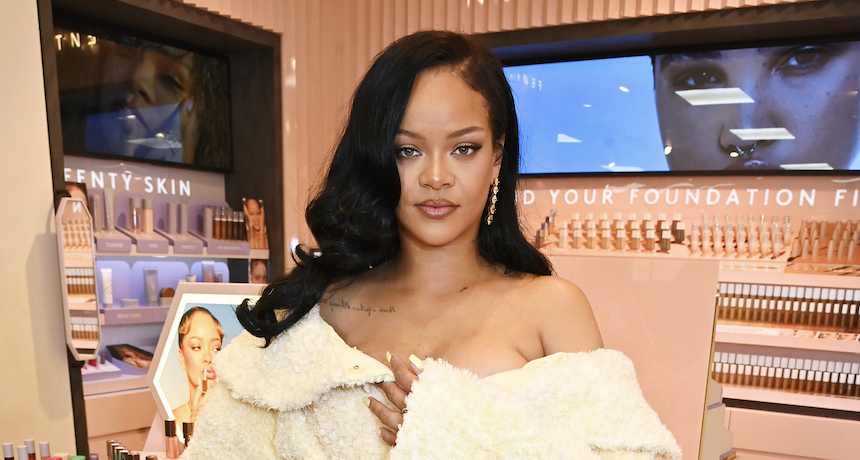 Rihanna attends the launch of Fenty Hair exclusively at Selfridges on September 16, 2024 in London, England wearing a shearling coat