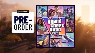 A pre-order stamp and the GTA 6 game box on top of a blurred senset scene from a GTA 6 trailer