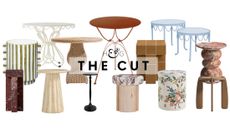 Stylish outdoor side tables, featuring sculptural, painted, and tiled styles, pictured against a white background