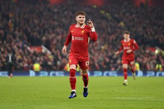 LIVERPOOL, ENGLAND - JANUARY 21: Harvey Elliott of Liverpool celebrates scoring his team's second goal during the UEFA Champions League 2024/25 League Phase MD7 match between Liverpool FC and LOSC Lille at Anfield on January 21, 2025 in Liverpool, England. (Photo by Carl Recine/Getty Images)