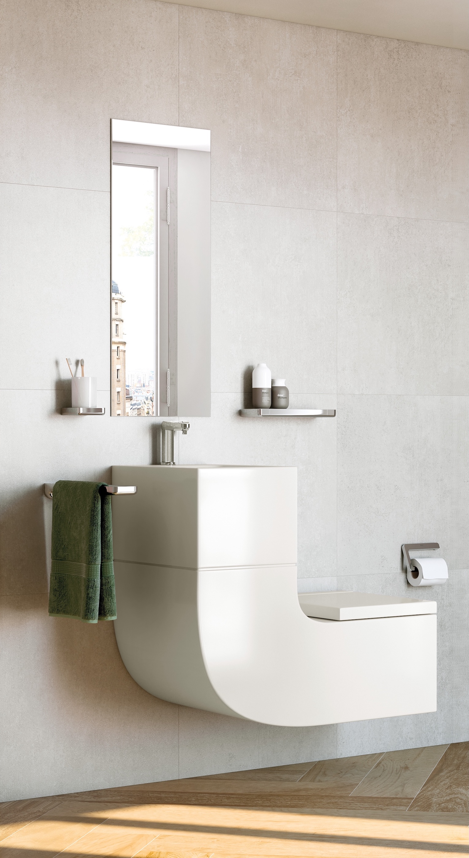 A basin joined to a toilet through a curve to dual use water and save on space.