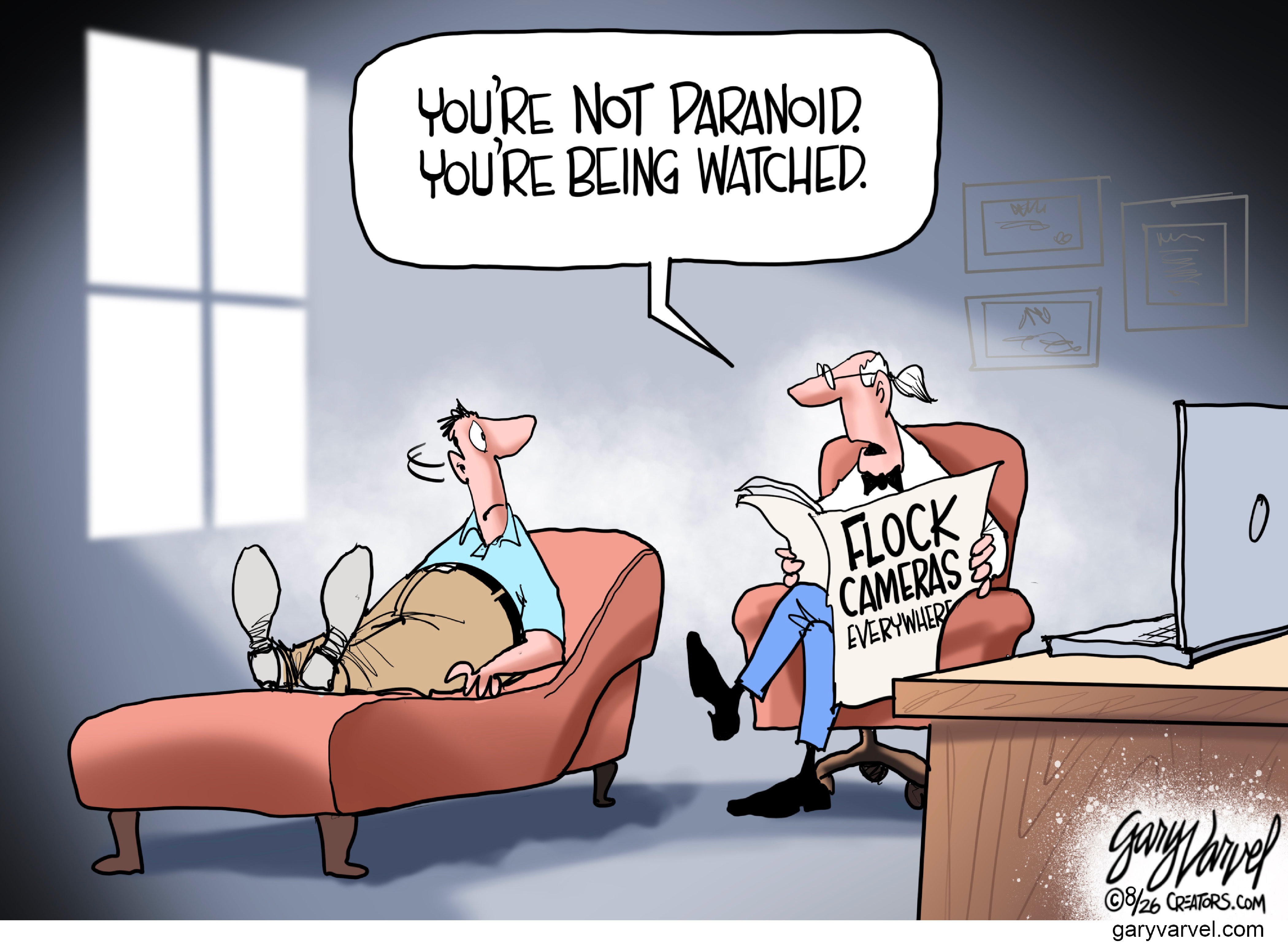 A man sits on the couch in a psychiatrist&amp;rsquo;s office. The male psychiatrist holds a newspaper with the headline &amp;ldquo;Flock cameras everywhere&amp;rdquo; and says, &amp;ldquo;You&amp;rsquo;re not paranoid. You&amp;rsquo;re being watched.&amp;rdquo;