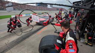 BROOKLYN, MICHIGAN - AUGUST 06: Christopher Bell, driver of the #20 Rheem Toyota, pits during the NASCAR Cup Series FireKeepers Casino 400 at Michigan International Speedway on August 06, 2023 in Brooklyn, Michigan. (Photo by Jonathan Bachman/Getty Images)