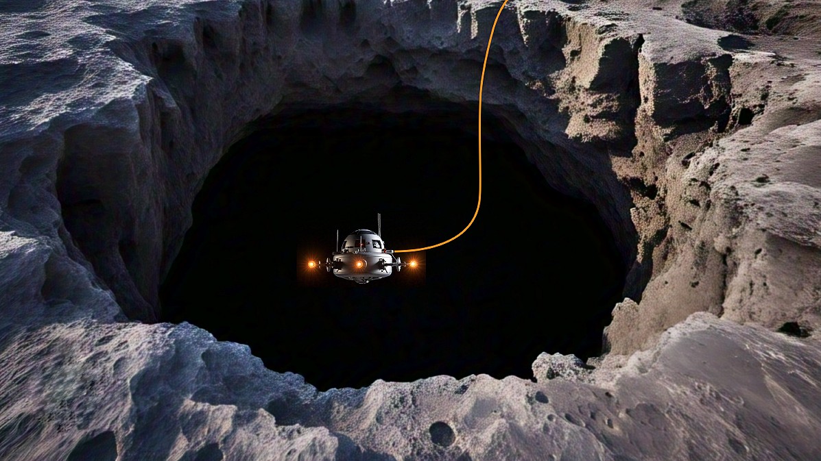 a tethered drone descends into a cavernous hole on the moon.