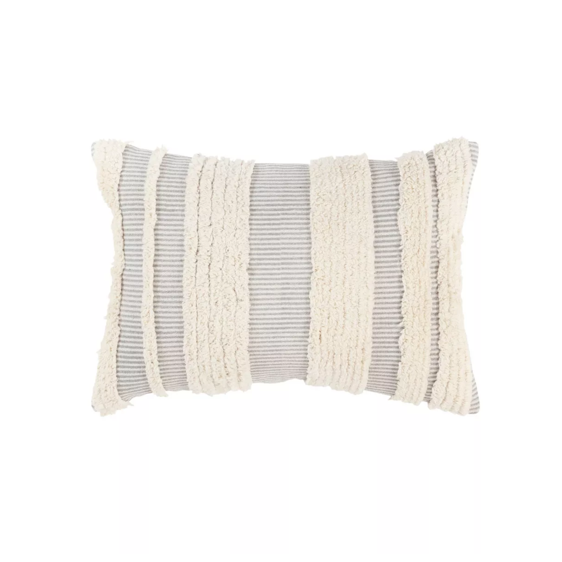 A fringed grey boho style lumbar pillow