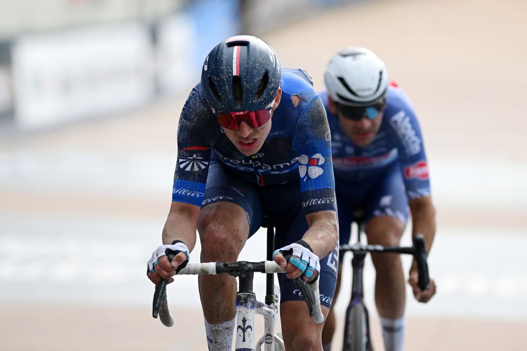 ROUBAIX FRANCE APRIL 07 Laurence Pithie of New Zealand and Team Groupama FDJ crosses the finish line during the 121st ParisRoubaix 2024 a 2597km one day race from Compiegne to Roubaix UCIWT Roubaix Velodrome Velodrome Andre Petrieux on April 07 2024 in Roubaix France Photo by Dario BelingheriGetty Images
