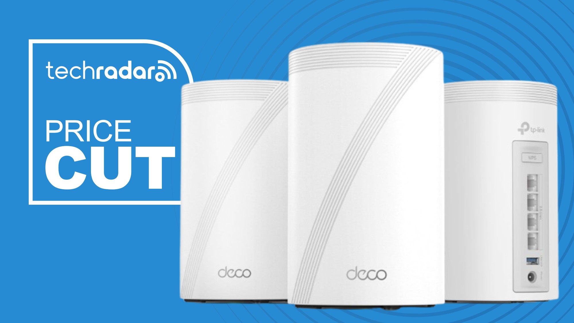 Three TP-Link Deco 7 Pro routers on a blue background next to a white TechRadar badge in the upper left that reads 'Price Cut'