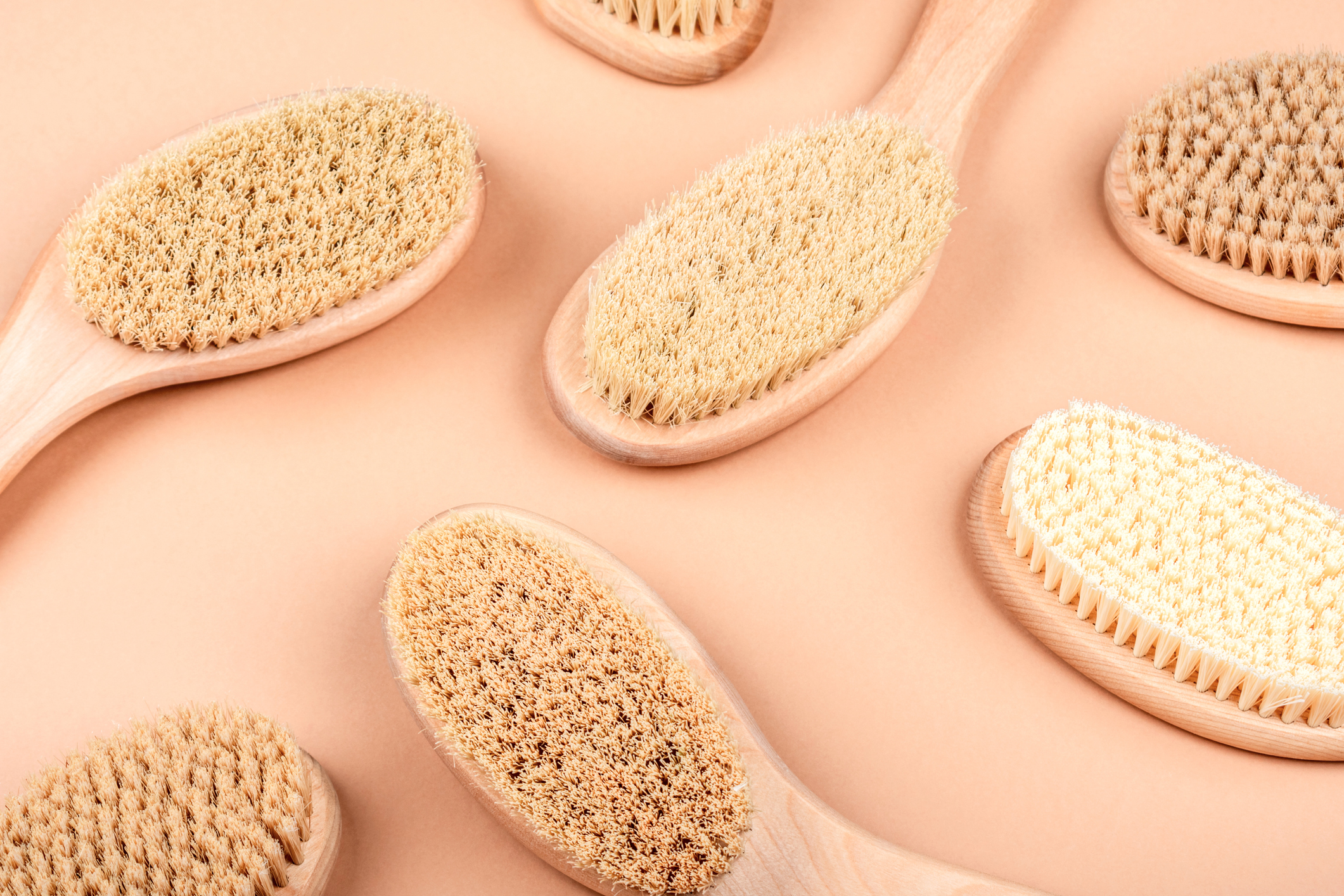 a close up of body brushes. Drybrushing can help get rid of cellulite.