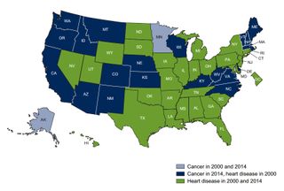 A map showing the states where cancer is the leading cause of death (blue/light blue) and the states where heart disease is the leading cause of death (green).