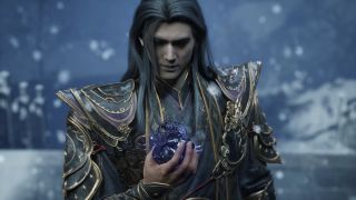 A man in ornate robes in Phantom Blade Zero stands in the snow while holding a strange, glowing, purple clockwork heart