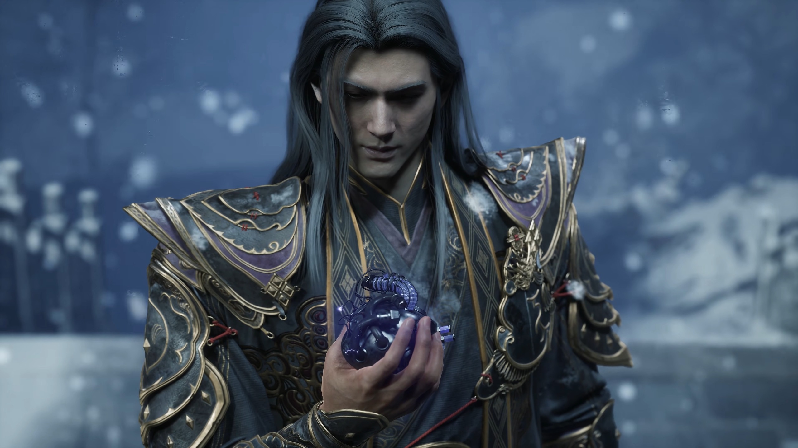 A man in ornate robes in Phantom Blade Zero stands in the snow while holding a strange, glowing, purple clockwork heart
