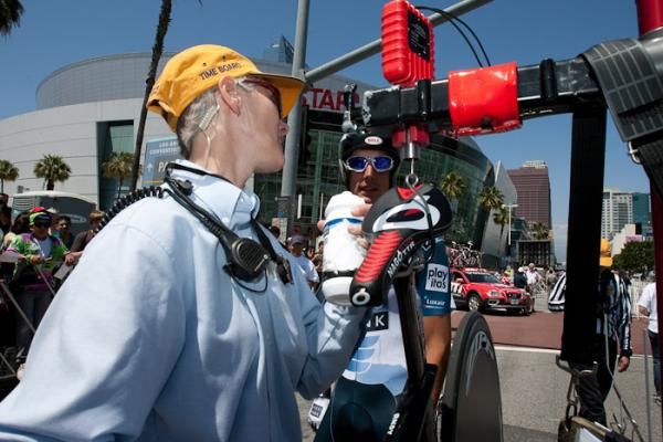 Saxo Bank's Andy Schleck weighs in in front of Staples Center, home of the heavyweight LA Lakers basketball team.