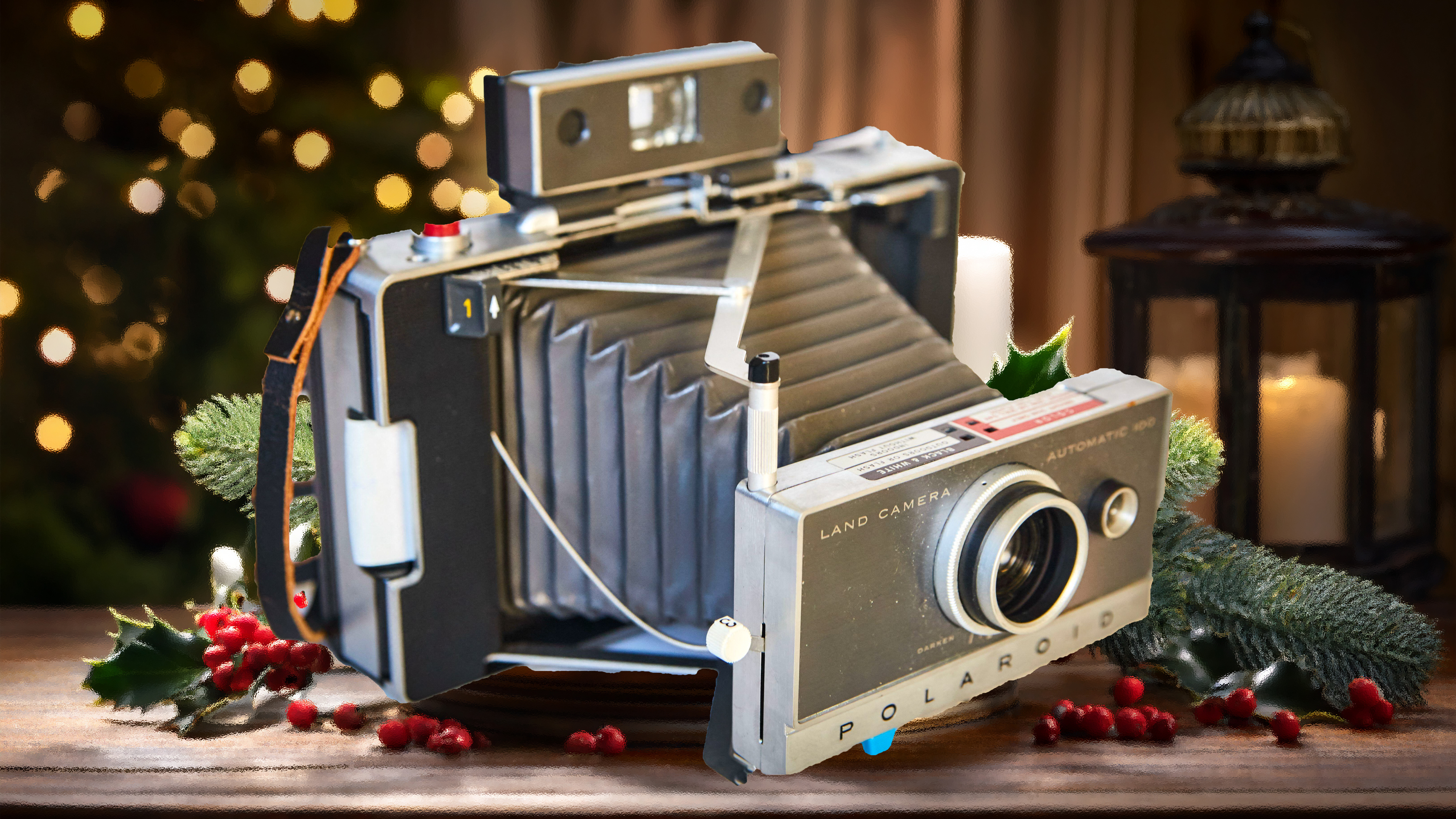 Polaroid 100 instant camera with AI generated Christmas background with holly