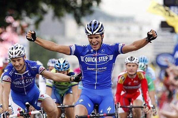 Who-hoo! Gert Steegmans pumps his fists in joy after winning the sprint he was only leading out