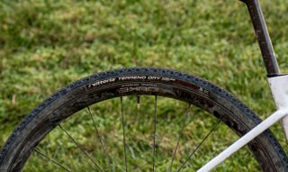 A closeup of the Duke wheel and Vittoria tyre on Pauline Ferrand-Prevot's BMC Kaius 01 bike