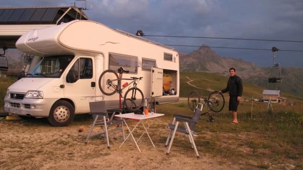 Mike taking care of business, tuning and prepping bikes for tomorrows ride...