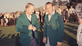 Jack Nicklaus receives congratulations from Arnold Palmer after his 1963 Masters win