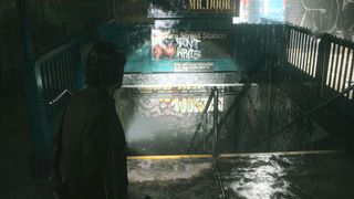 Alan Wake 2 how to enter Caldera St Station - Alan is shining a torch into the station entrance